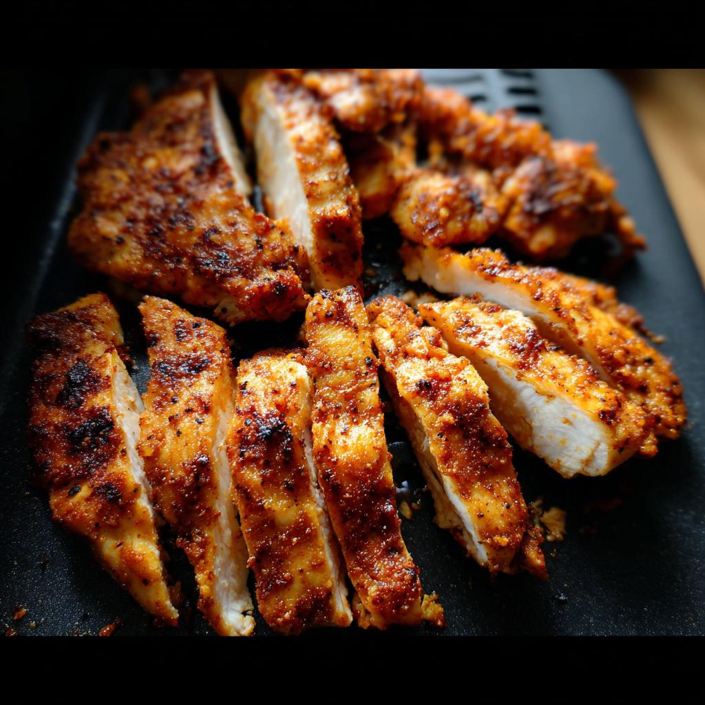 Close-up of perfectly cooked air fryer chicken recipes, sliced and seasoned.