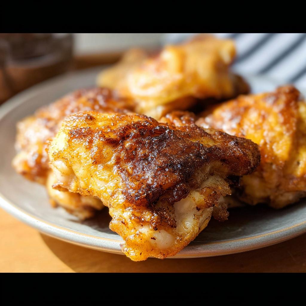 Close-up of golden brown, crispy air fryer chicken thighs on a plate.