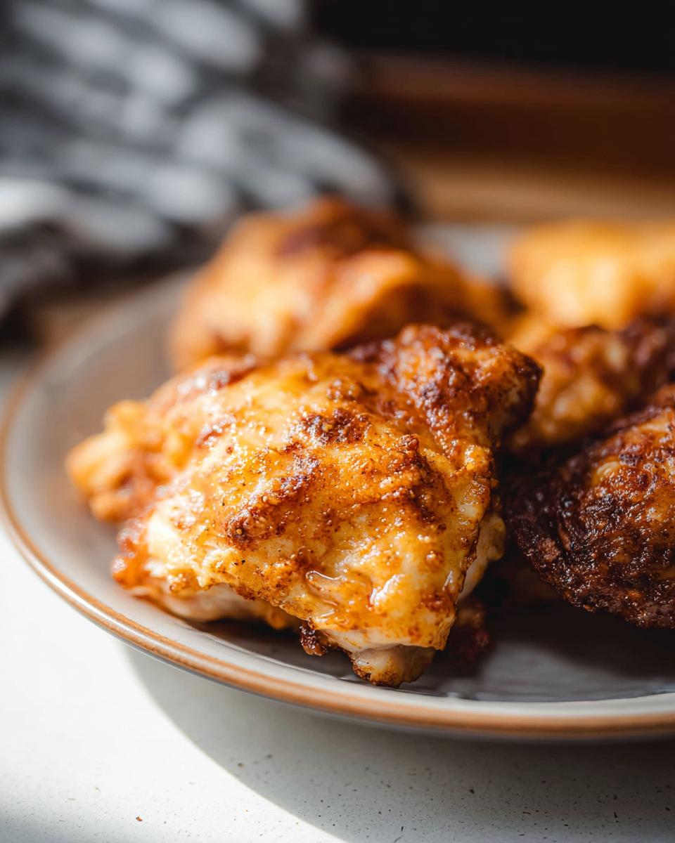 Close-up of golden brown, crispy air fryer chicken thighs seasoned and ready to eat.