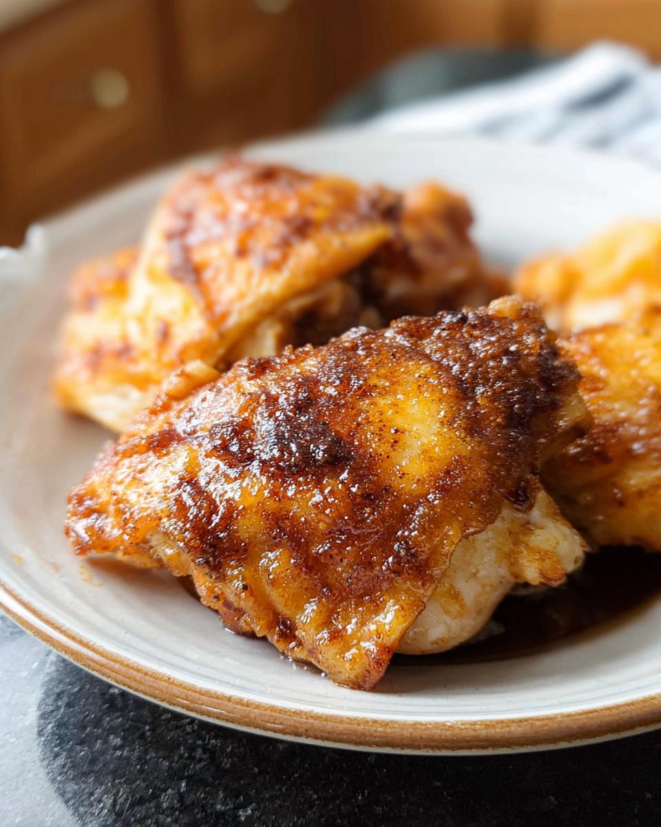 Close-up of juicy, golden-brown air fryer chicken thighs with a crispy skin.
