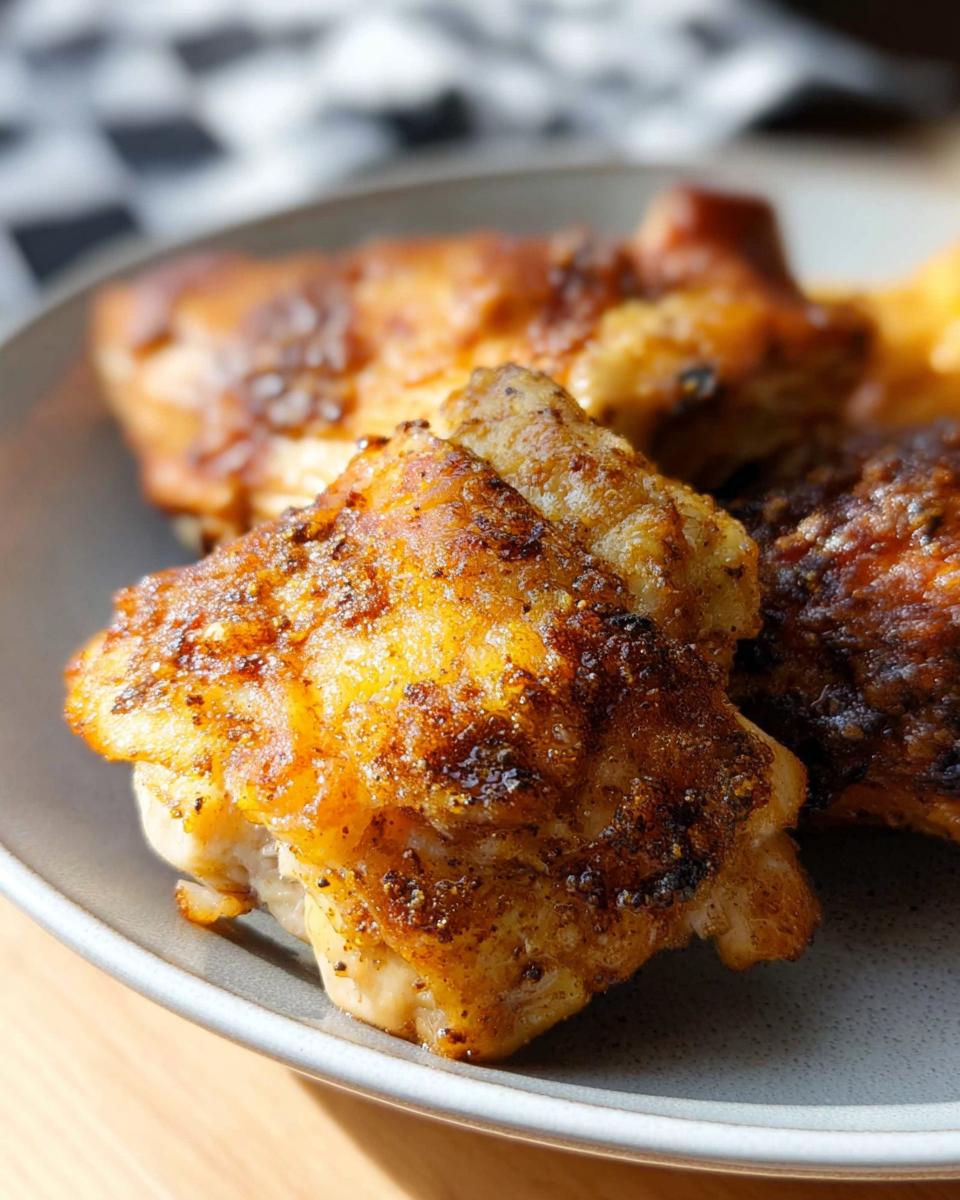 Close-up of golden-brown, crispy air fryer chicken thighs seasoned with spices.