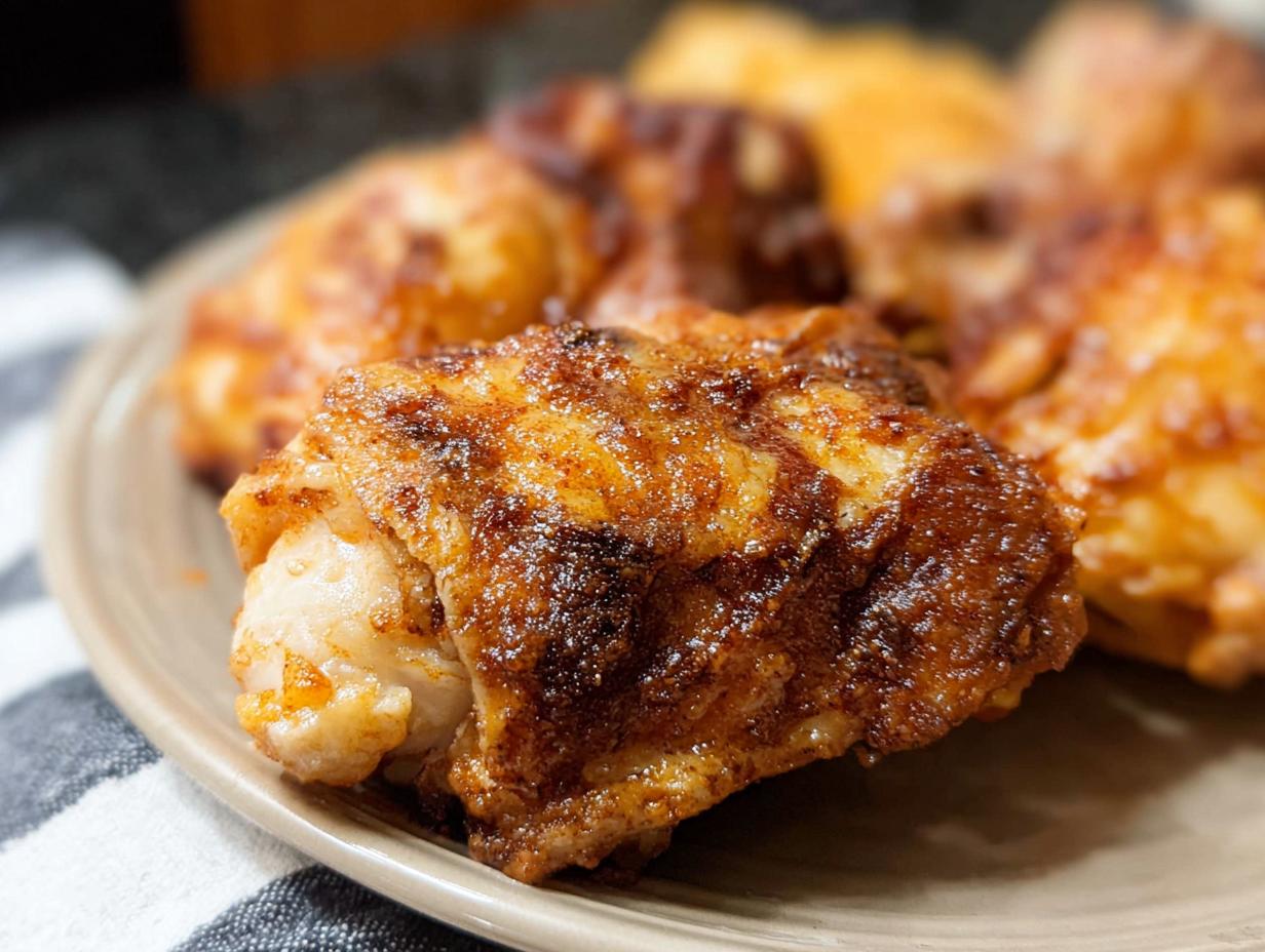 Close-up of perfectly cooked, crispy air fryer chicken thighs on a plate.