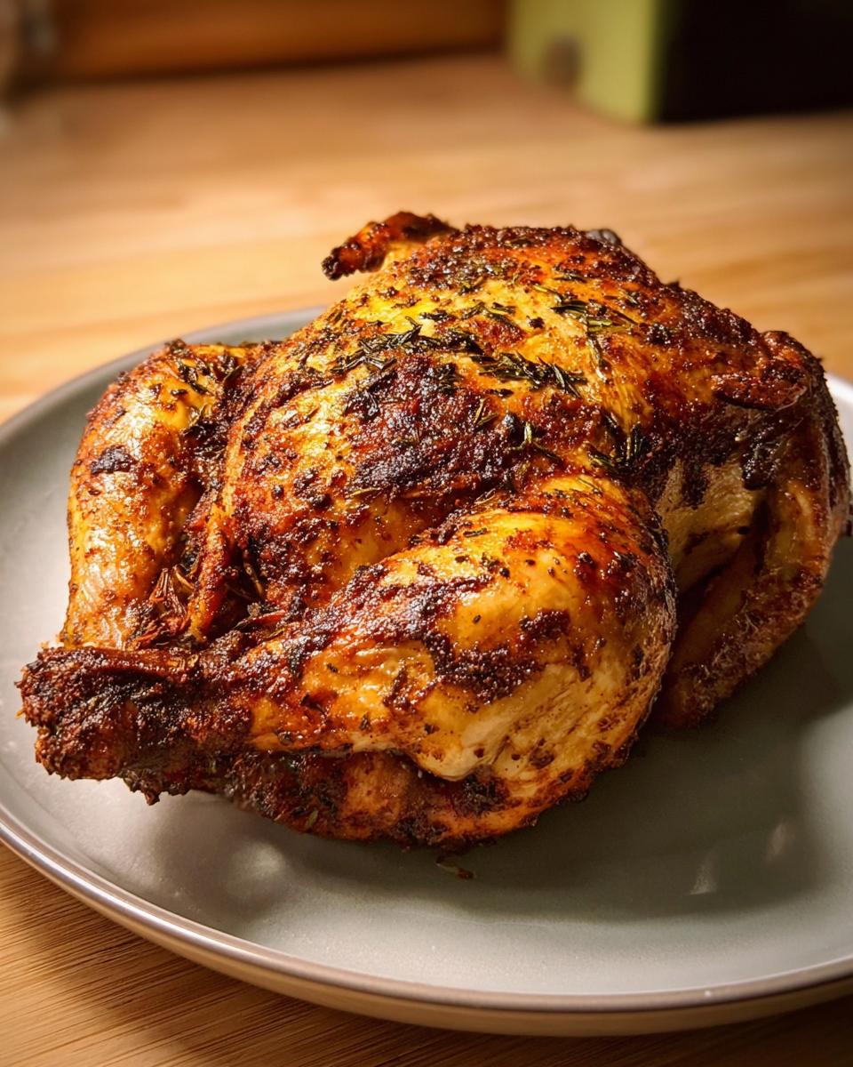 A whole, golden-brown air fryer chicken seasoned with herbs, served on a plate.