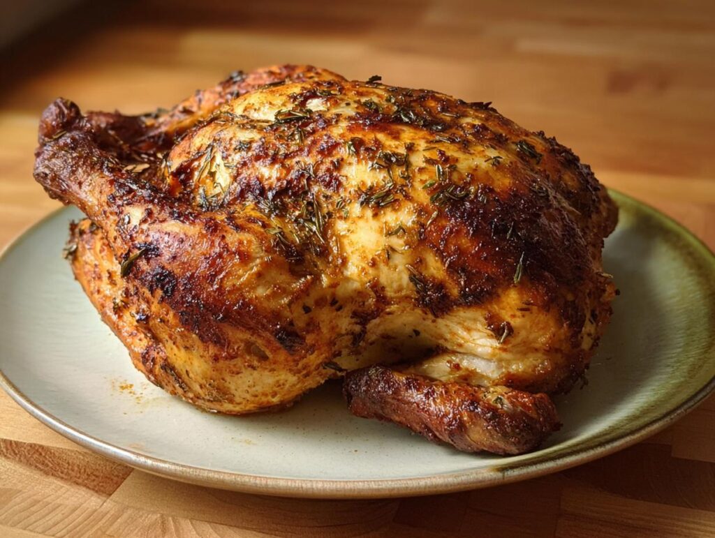 A whole roasted chicken seasoned with herbs, ready to be served, a perfect example of air fryer chicken recipes.