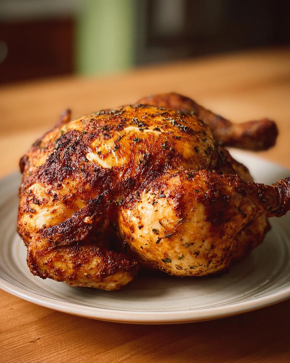 A perfectly cooked, golden-brown whole chicken seasoned with herbs, ready to be served from an air fryer.