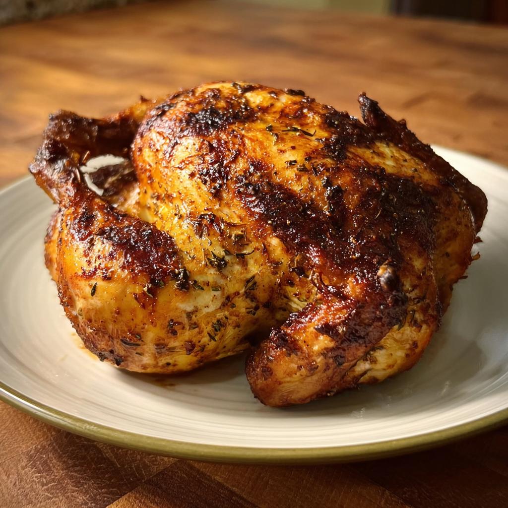 A perfectly cooked whole chicken in the air fryer, golden brown and seasoned, resting on a plate.