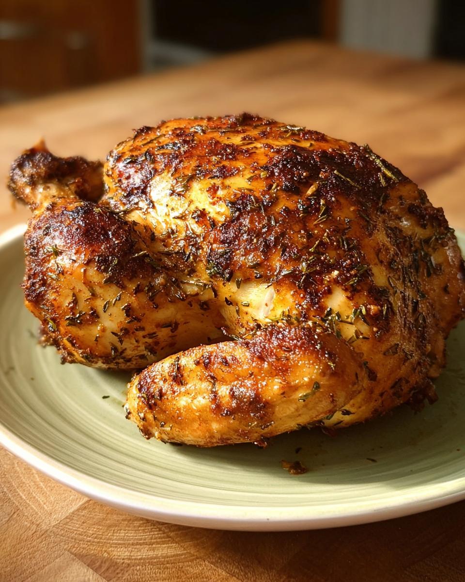 A whole, golden-brown roasted chicken seasoned with herbs, ready to be served from an air fryer.