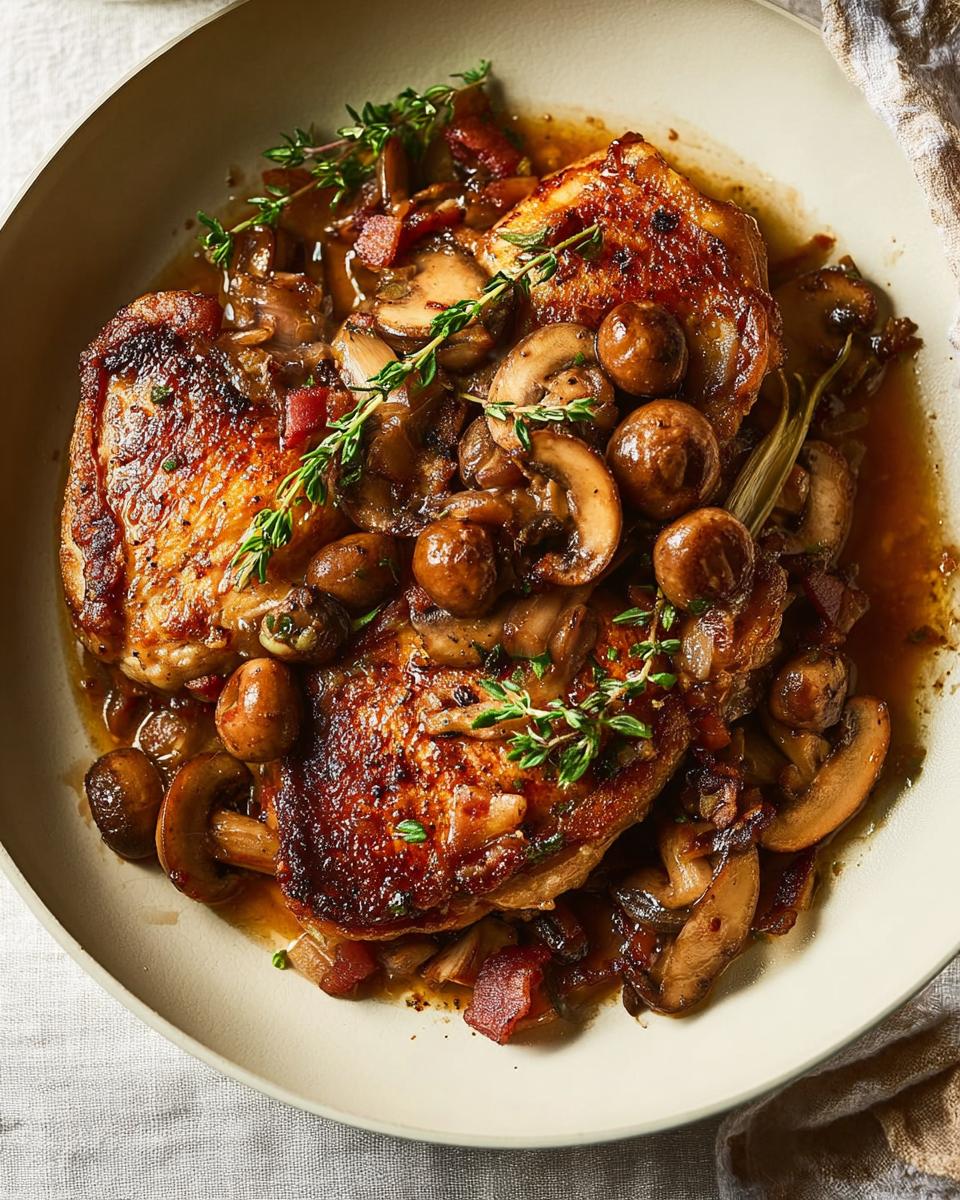 Close-up of savory chicken pieces with mushrooms and bacon in a rich sauce, garnished with thyme. A perfect example of amazing chicken recipes.