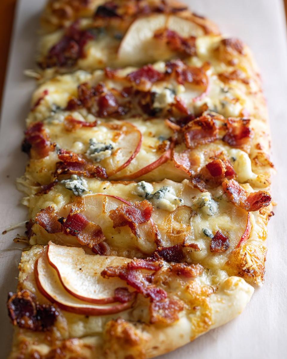 Close-up of a delicious apple, bacon, and blue cheese pizza slice, perfect for 10-Ingredient Pizza Night Recipes.
