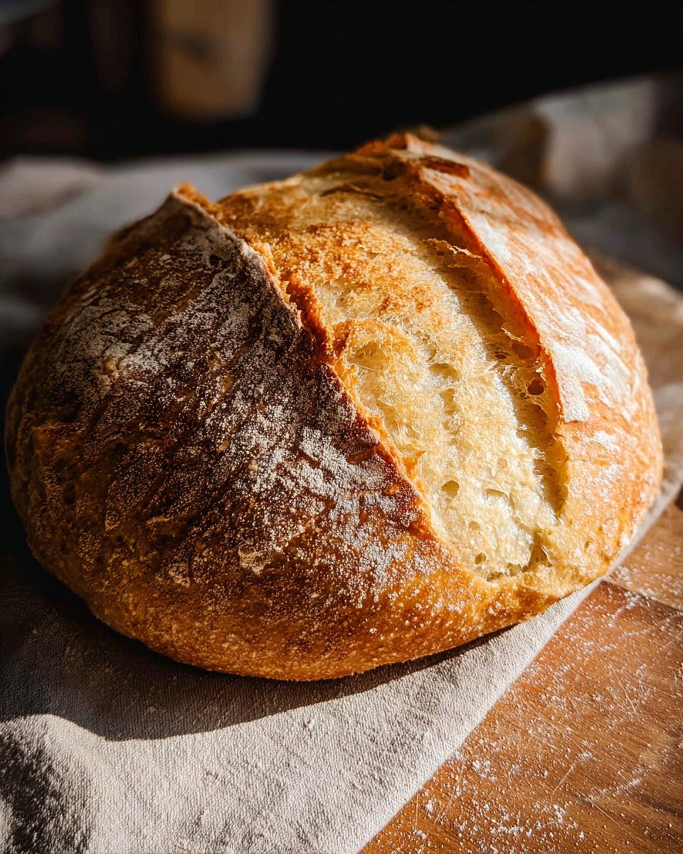 A golden-brown, crusty artisan loaf of bread, dusted with flour, perfect for healthy meals recipes.