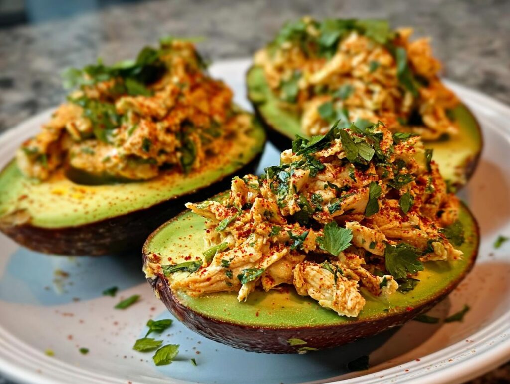 Two avocado halves filled with seasoned chicken salad and topped with fresh parsley and paprika. A quick and easy sandwich idea.
