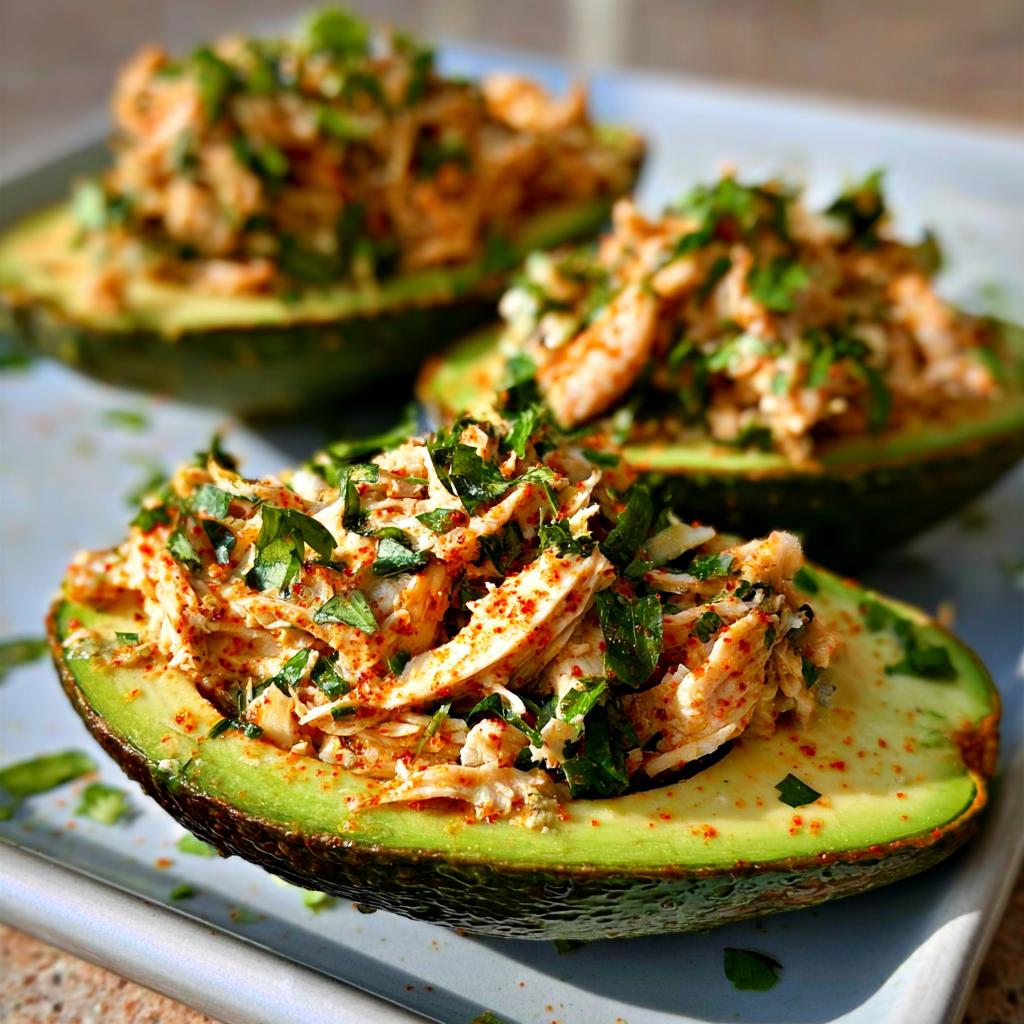 Three avocado halves filled with a savory chicken salad mixture, sprinkled with paprika and fresh herbs. A quick and easy sandwich idea.