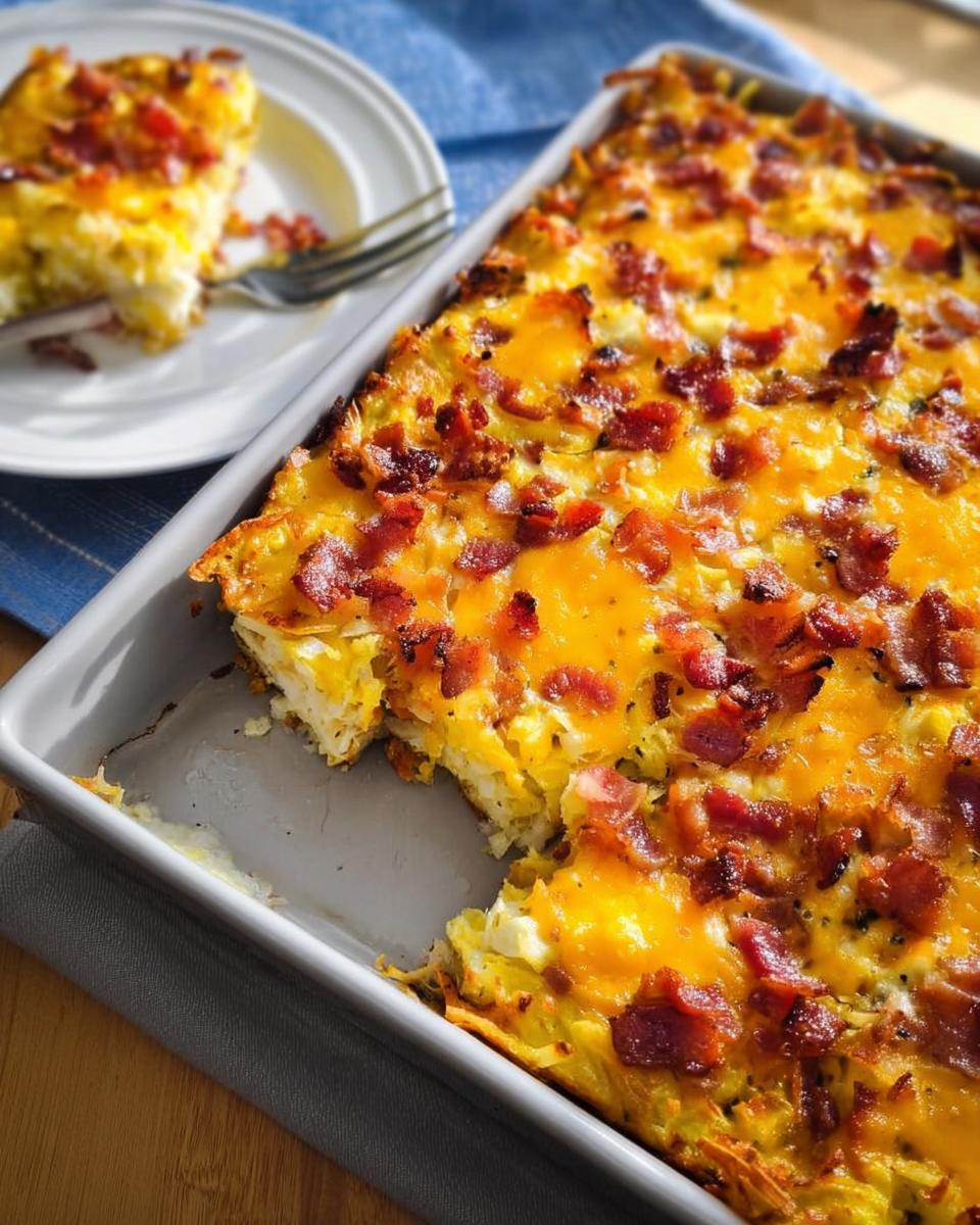 A close-up of a delicious breakfast casserole with bacon and melted cheese, a slice removed.