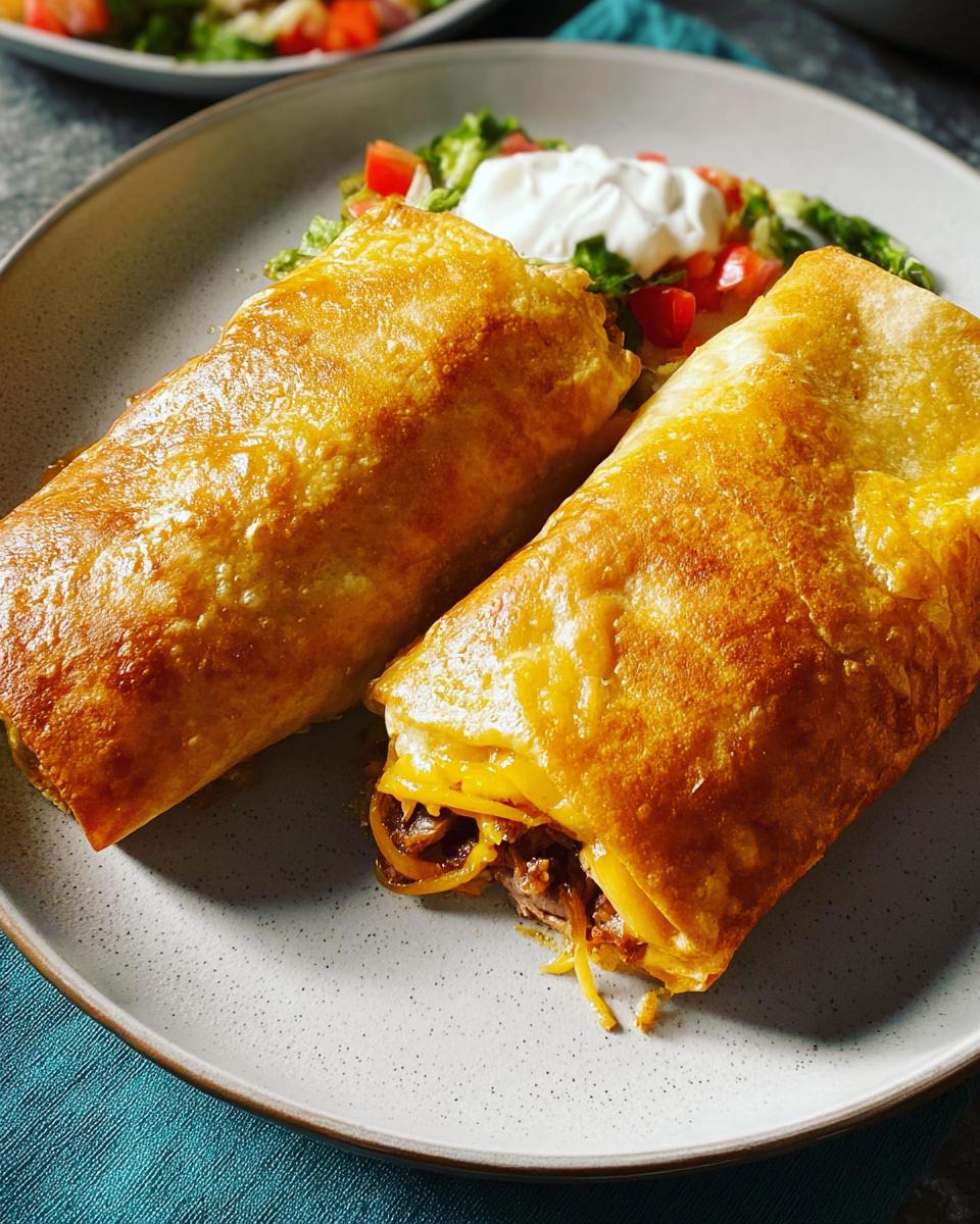 Two golden baked burritos filled with shredded beef and cheese, served with a side of salad and sour cream for an easy dinner recipe.