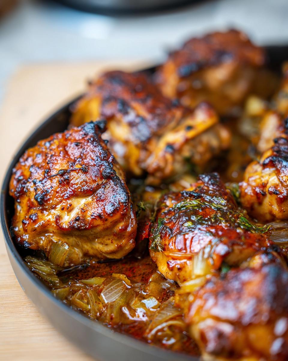 Close-up of juicy baked chicken thighs with a caramelized glaze, served with onions in a cast iron skillet.