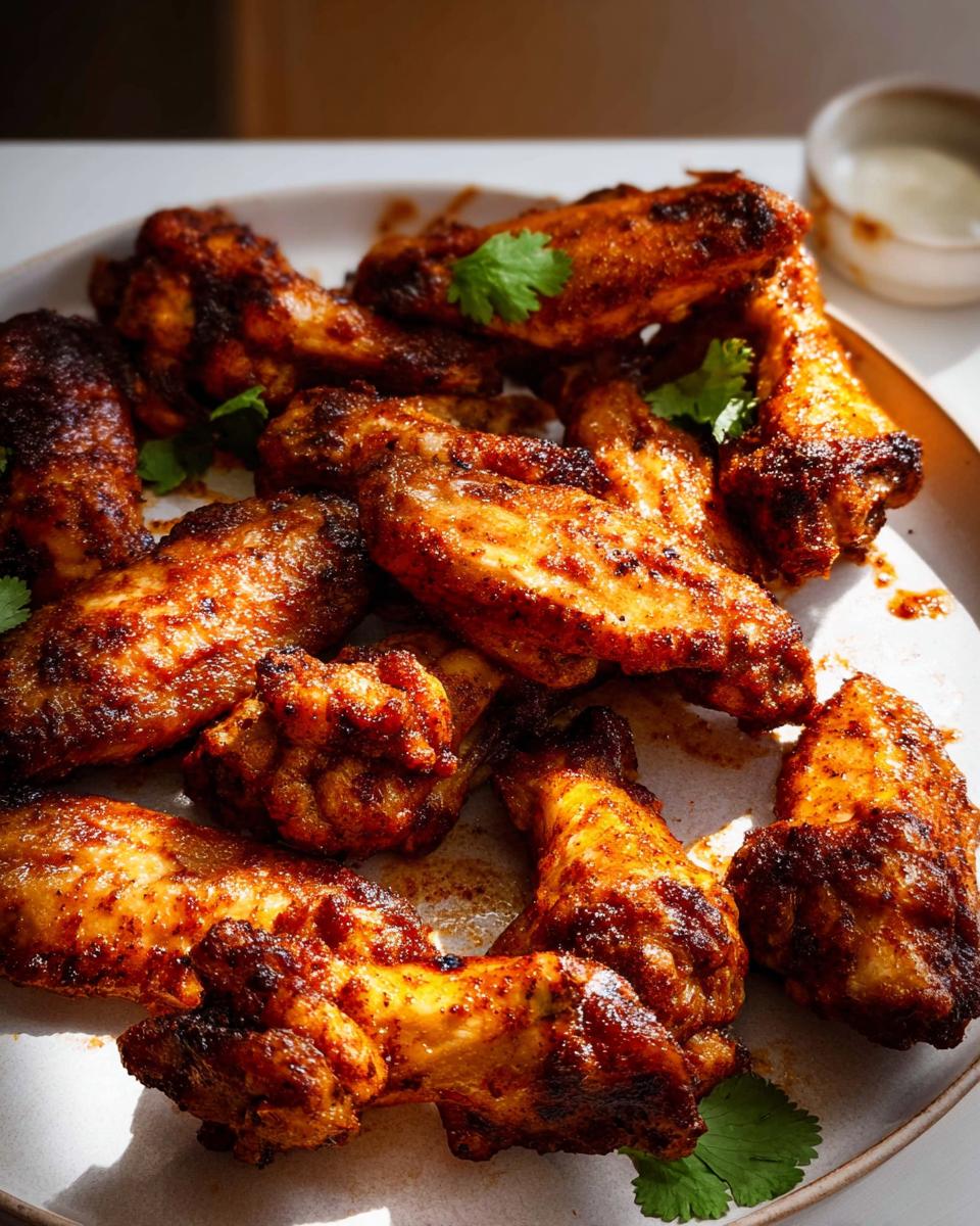 A plate piled high with crispy, seasoned chicken wings, garnished with fresh cilantro. This is one of the best chicken wings recipes.