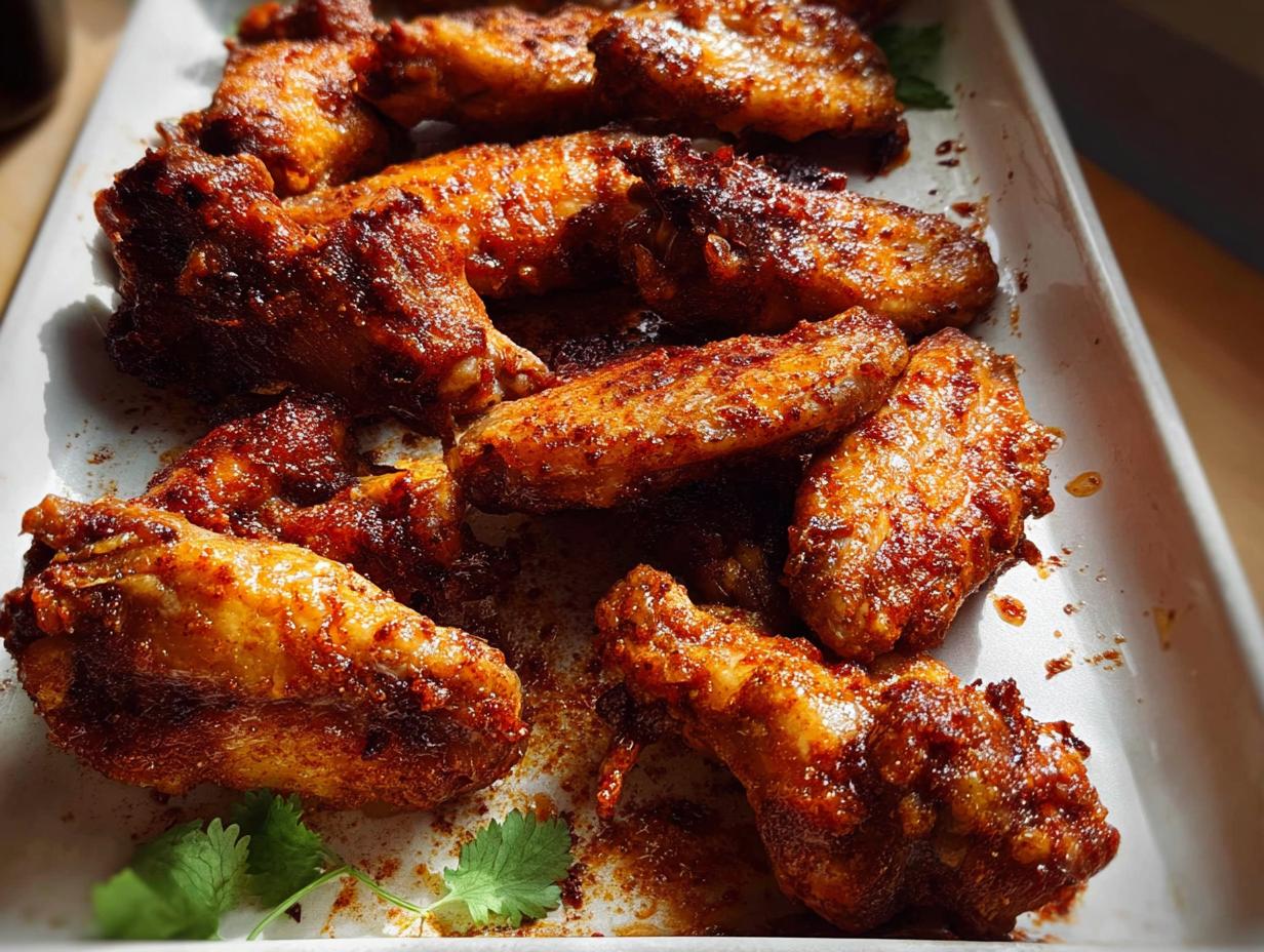 Close-up of a platter of perfectly baked chicken wings, coated in a savory spice rub.