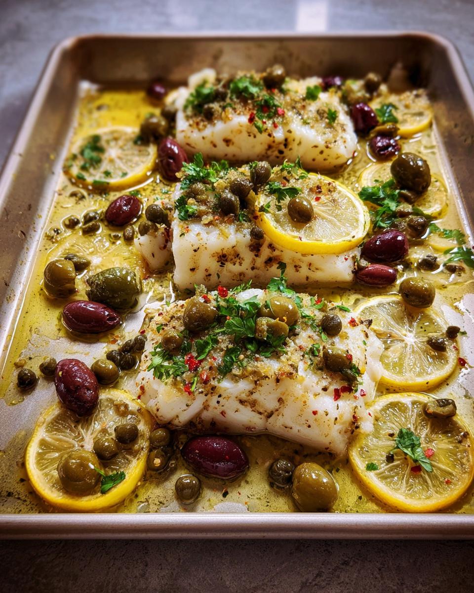 Three fillets of baked white fish on a sheet pan with lemon slices, olives, capers, and herbs.