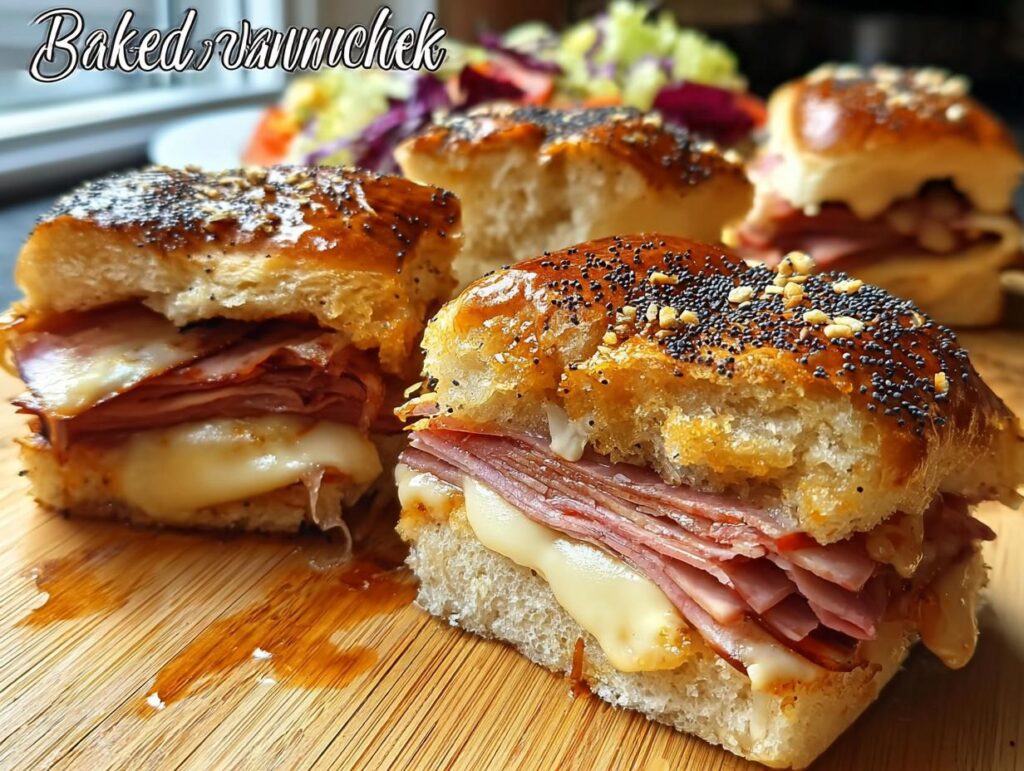 Close-up of baked ham and cheese sliders with poppy seeds and a side salad, perfect for sandwich ideas.