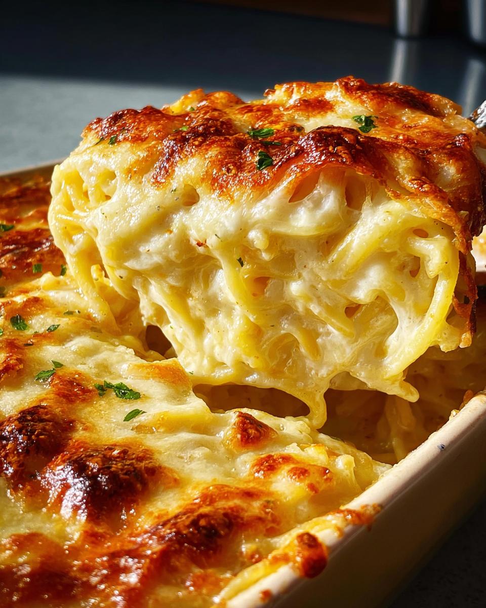 A close-up of a baked pasta dish, featuring golden-brown melted cheese and creamy pasta, from The Only Pasta Recipes Recipe You’ll Need (2025).