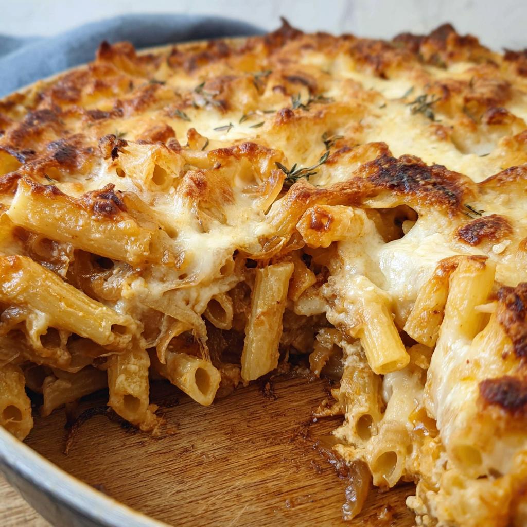 Close-up of a baked pasta dish with golden-brown cheese and herbs, a perfect pasta recipe.