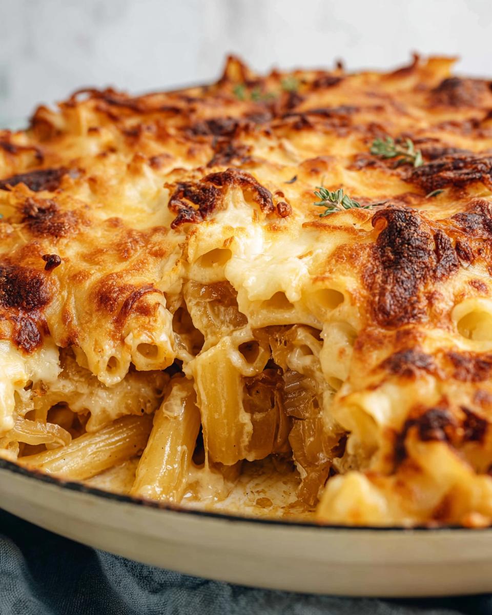Close-up of a baked pasta dish with melted cheese and herbs, a perfect pasta recipe.