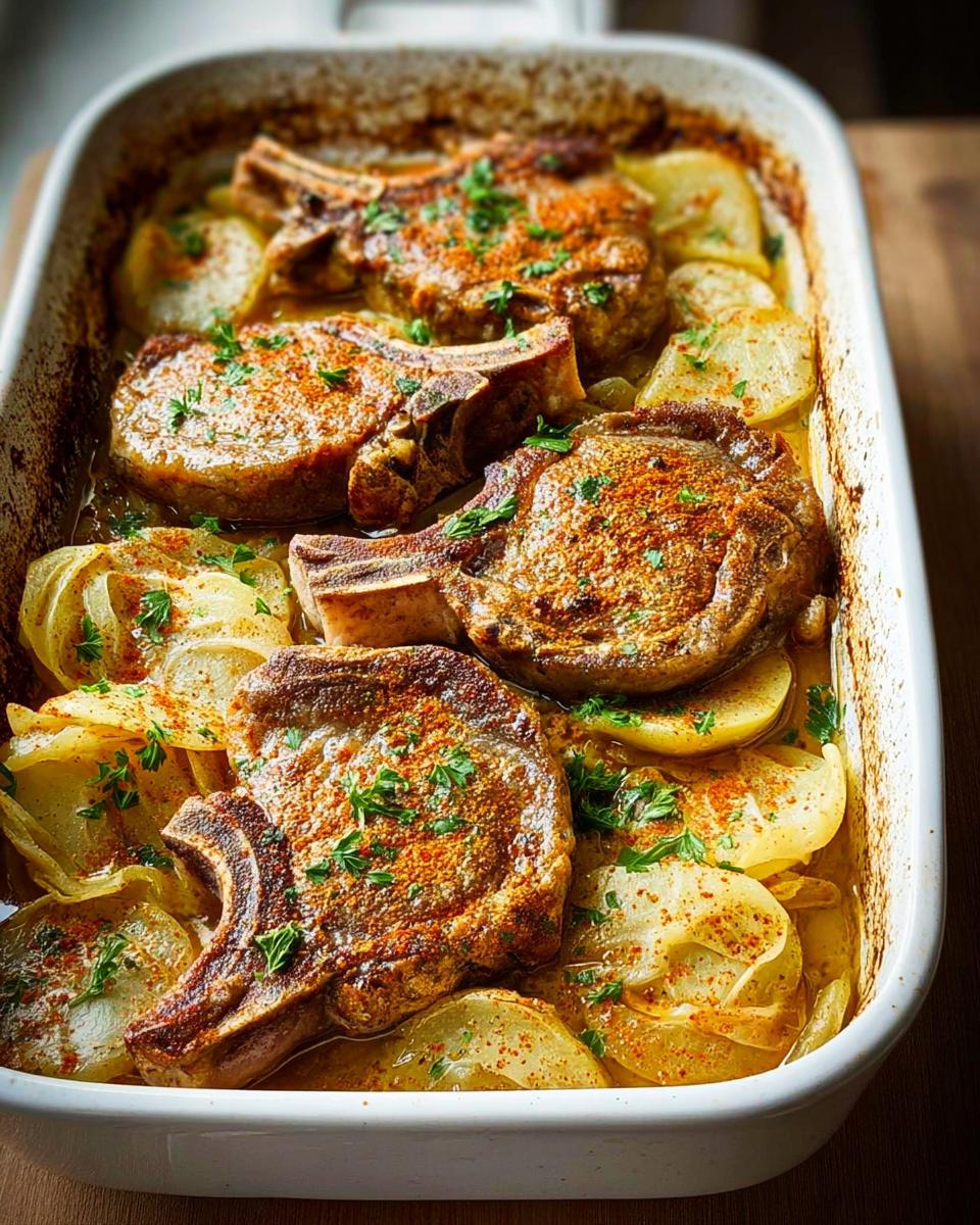 Close-up of baked pork chops with thinly sliced potatoes in a white baking dish, garnished with parsley.