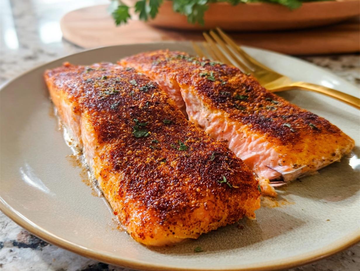 Two perfectly baked salmon fillets with a crispy, seasoned crust, part of The Ultimate Salmon Recipes Guide for Beginners.