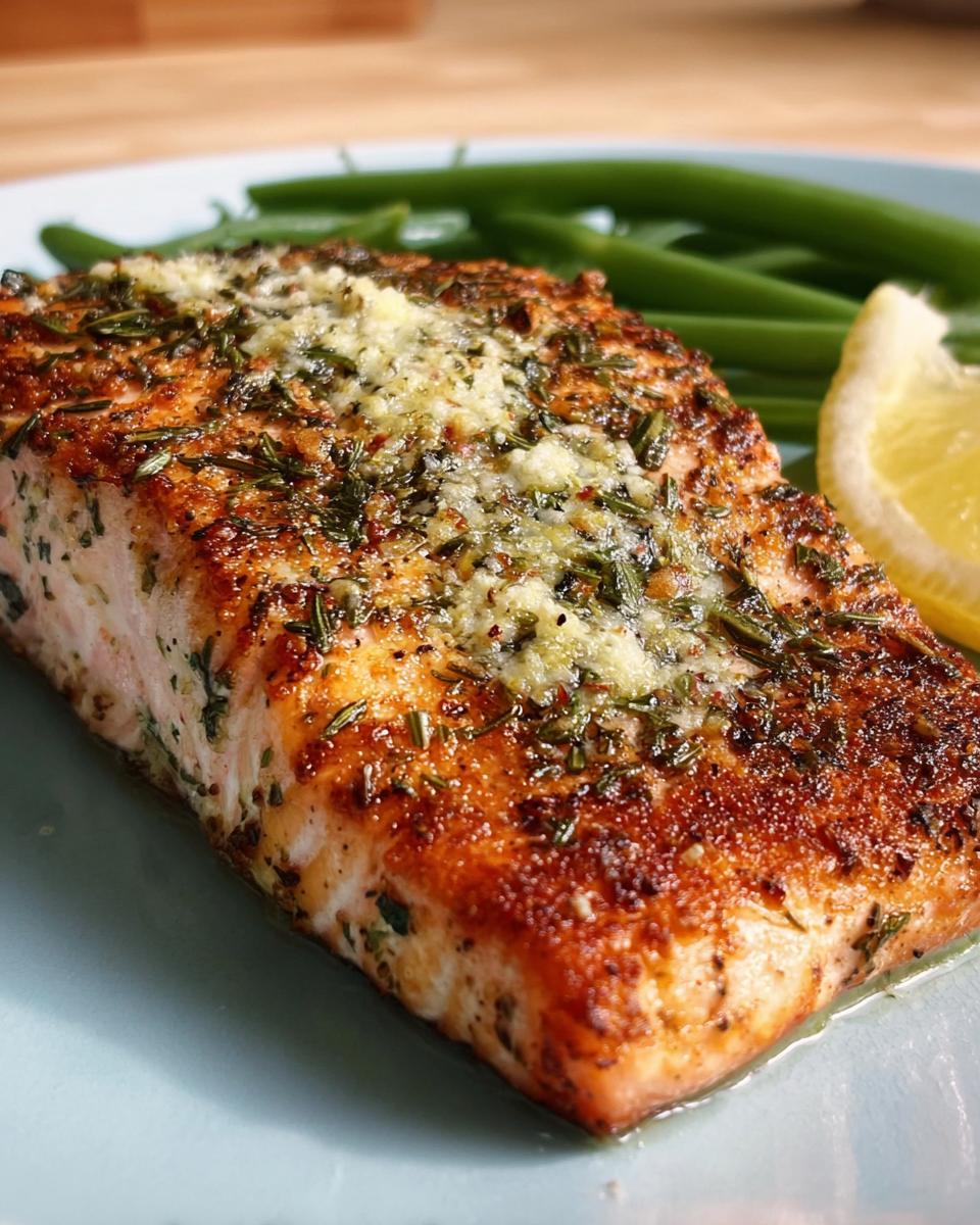 Close-up of a perfectly baked salmon fillet topped with herbs and butter, served with green beans and a lemon wedge.