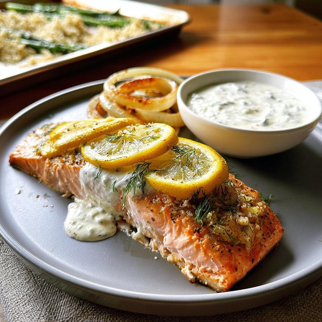 A perfectly baked salmon fillet topped with lemon slices and fresh dill, served with creamy sauce and roasted onions.