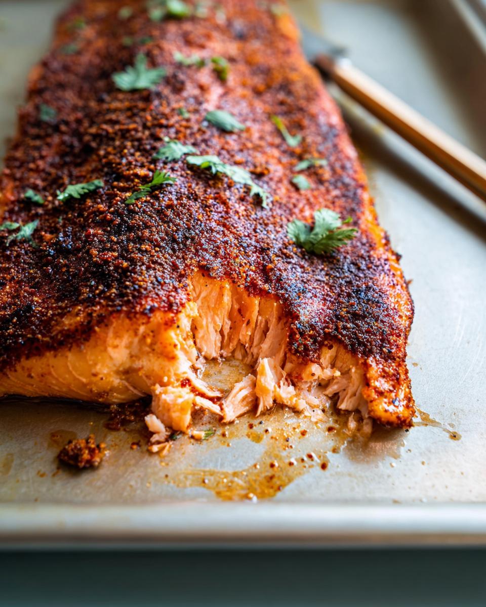 Close-up of a perfectly baked salmon fillet with a crispy, seasoned crust and flaky interior, part of a salmon recipe.