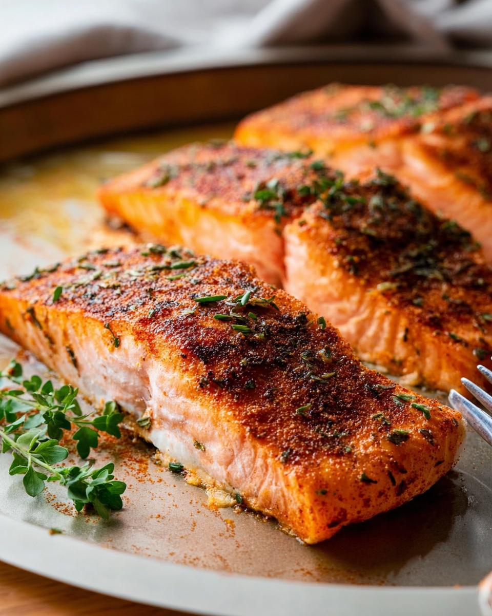 Close-up of perfectly baked salmon fillets seasoned with spices and herbs, a perfect example of salmon recipes.