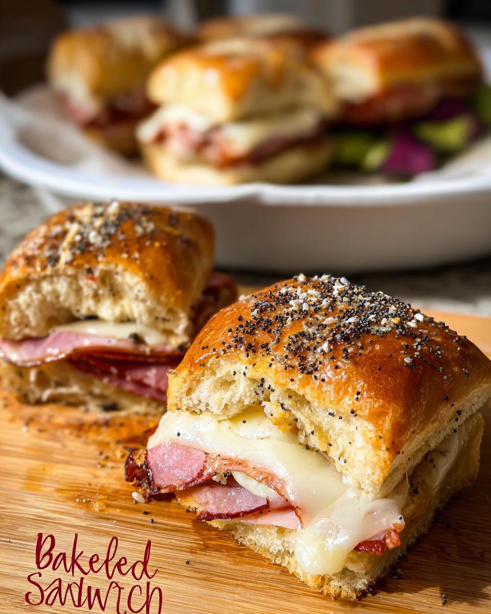 Close-up of a baked ham and cheese sandwich with melted cheese and everything bagel seasoning on top.