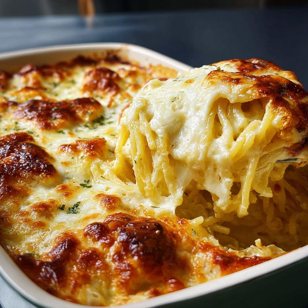 A fork lifting a generous portion of cheesy baked spaghetti from a casserole dish, showcasing The Only Pasta Recipes.