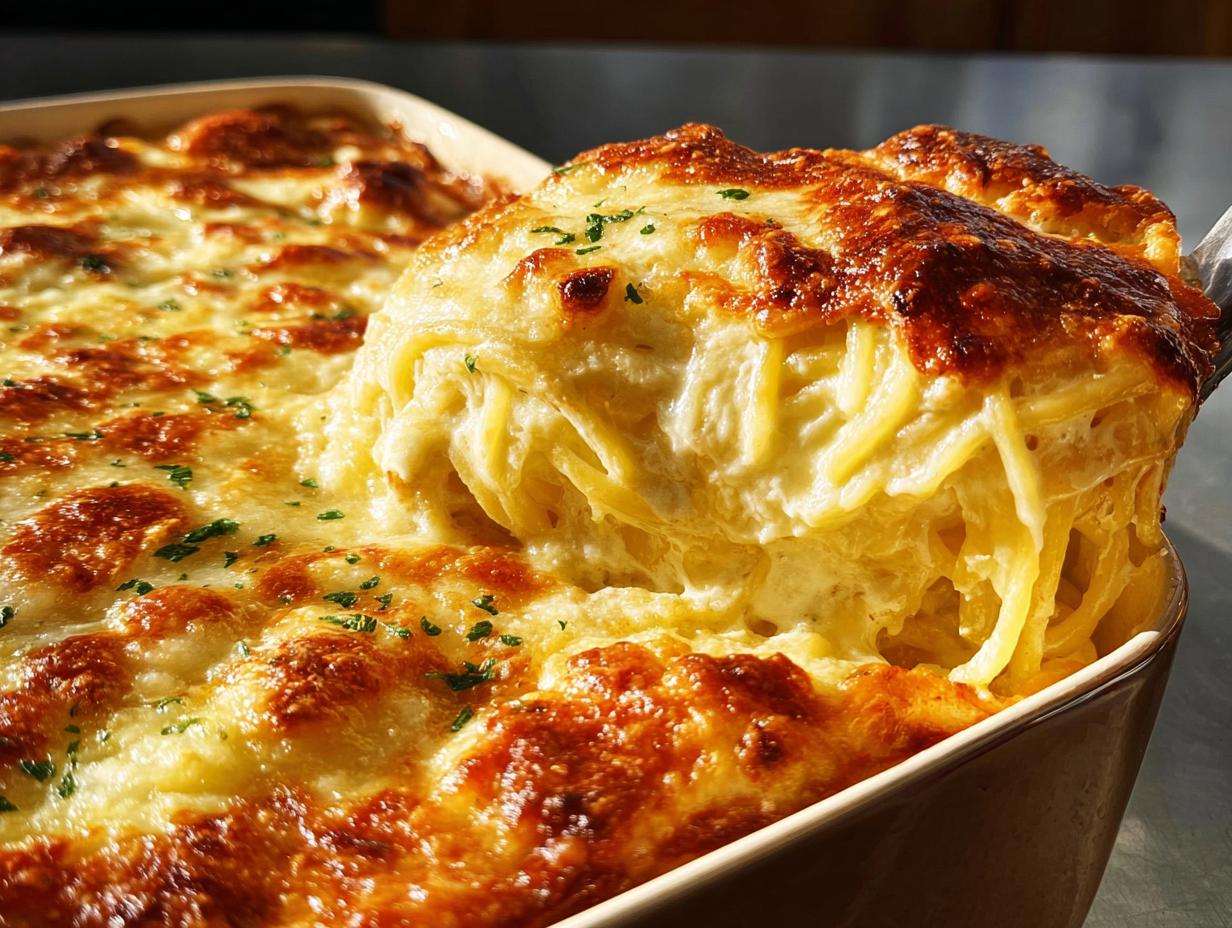A scoop of creamy baked spaghetti casserole with a golden-brown cheesy crust, garnished with parsley. The Only Pasta Recipes Recipe You’ll Need.