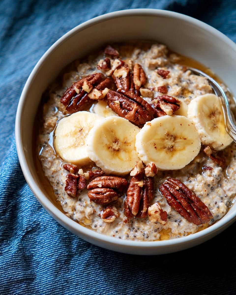 Close-up of a bowl of oatmeal topped with banana slices, pecans, and a drizzle of honey. A perfect breakfast idea for busy weeknights.