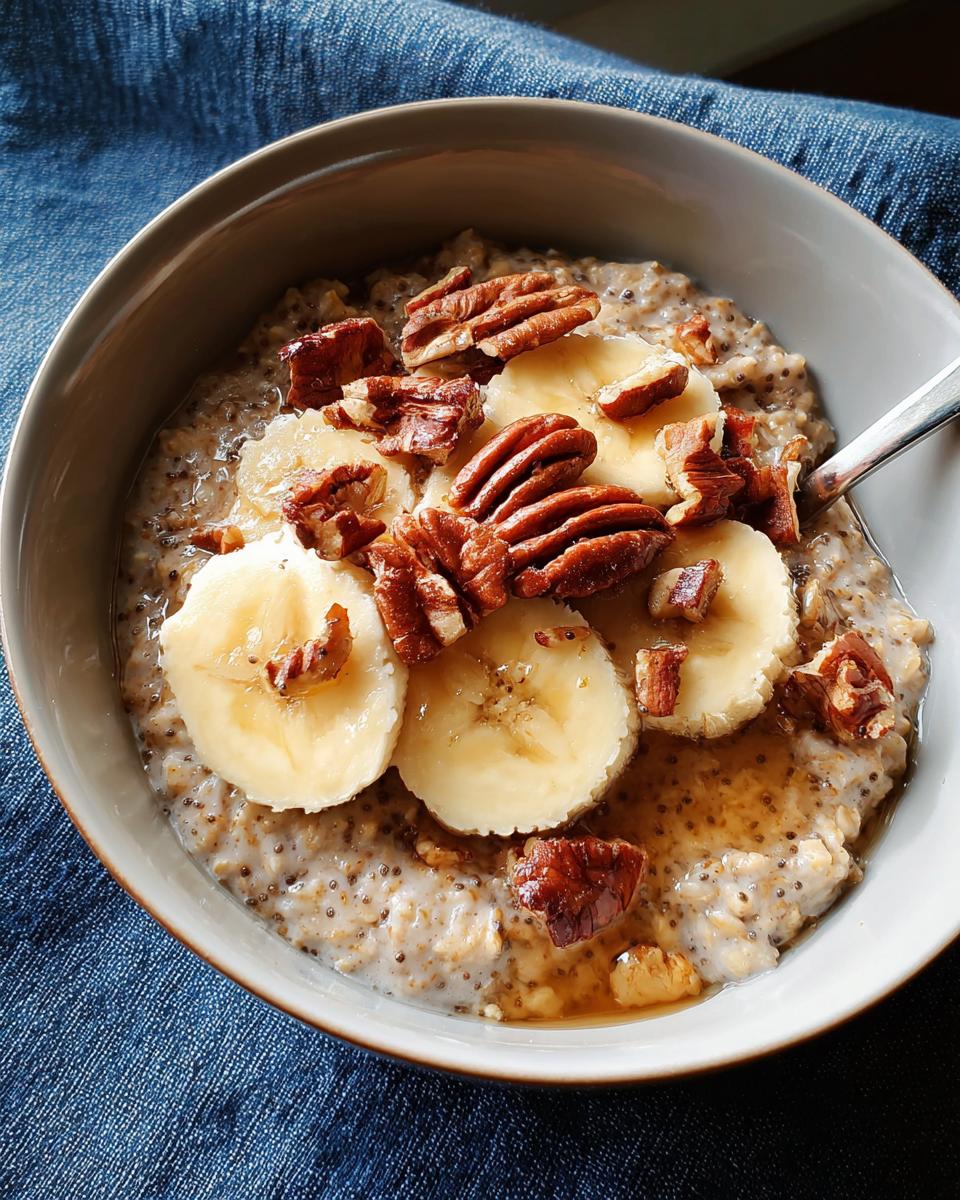 Overnight oats with banana slices, pecans, and a drizzle of honey, perfect for busy weeknights.