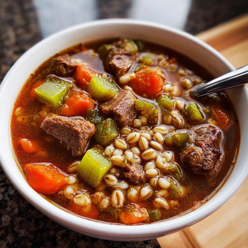 A close-up of a bowl of hearty beef and barley soup, featuring tender beef chunks, carrots, celery, and pearl barley in a rich broth.