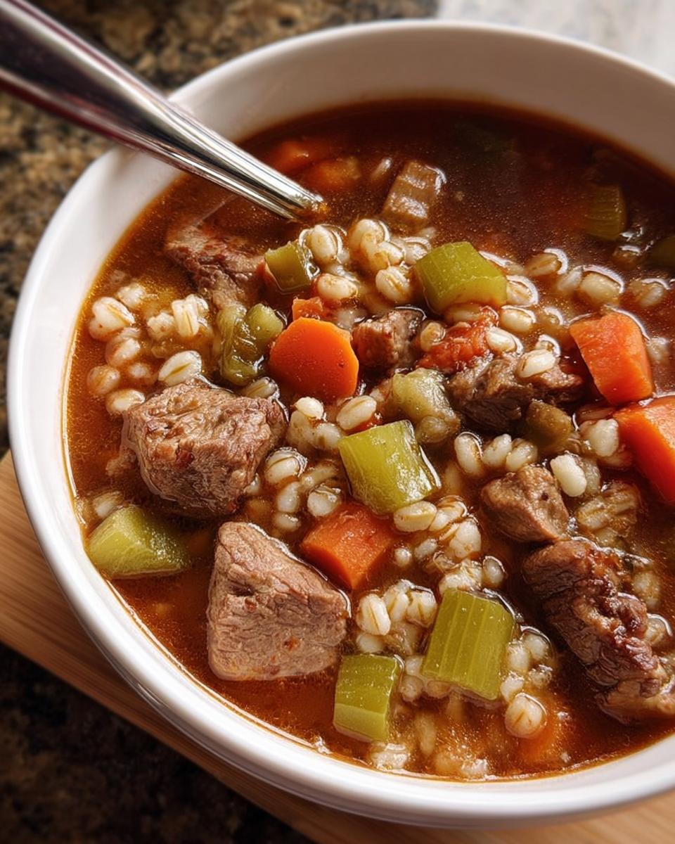 Close-up of a bowl of beef barley soup, featuring tender beef chunks, carrots, celery, and pearl barley in a rich broth.