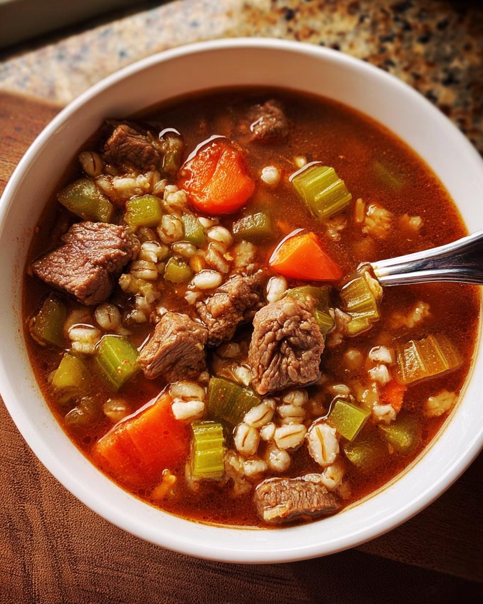 A close-up of a bowl of hearty beef barley soup, featuring tender beef chunks, carrots, celery, and barley in a rich broth.
