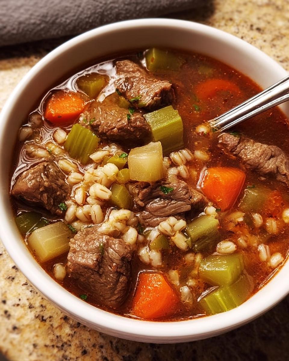 Close-up of a bowl of hearty beef barley soup with chunks of beef, carrots, and celery, perfect for soup recipes meal prep.