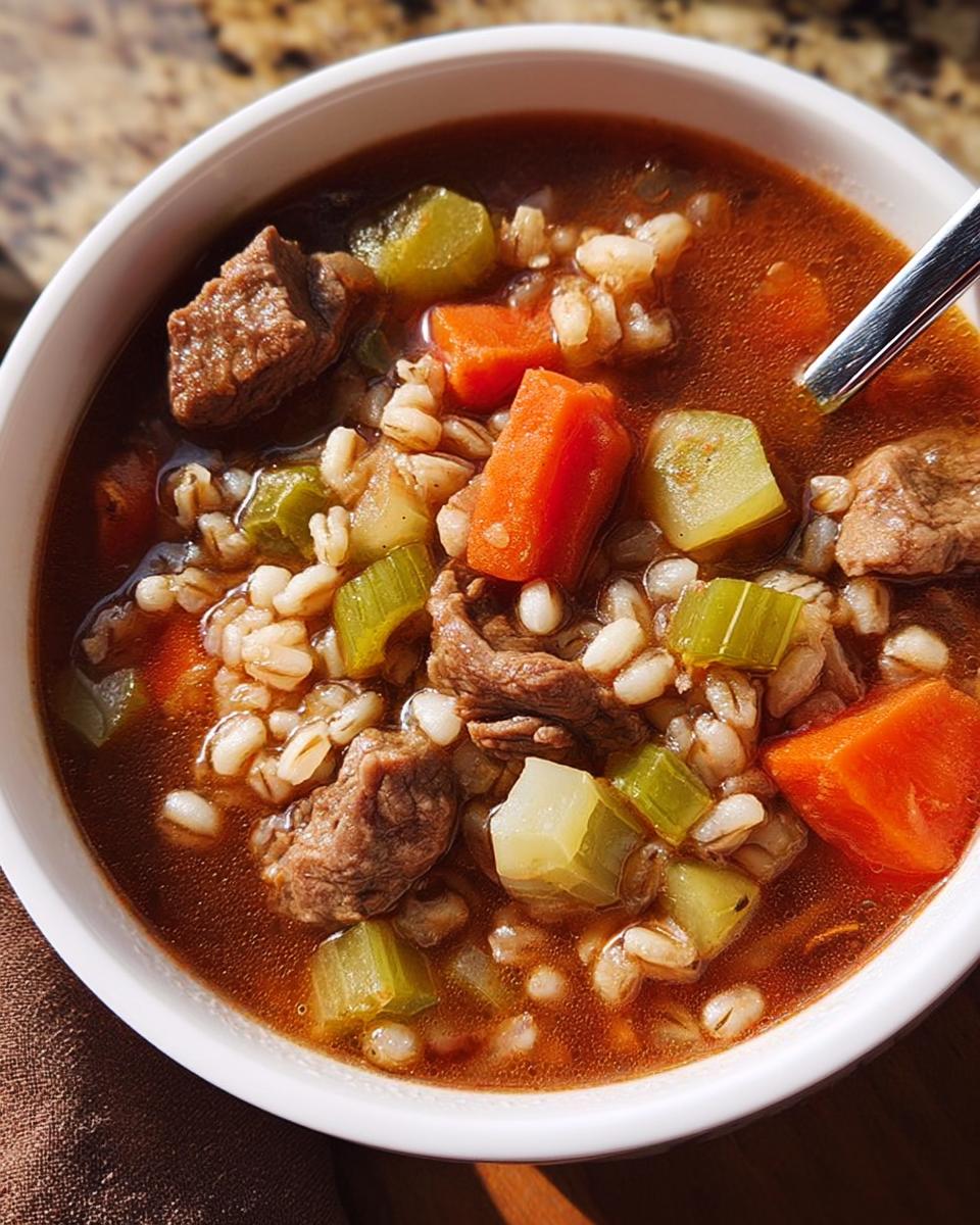 Close-up of a bowl of hearty beef barley soup, featuring tender beef chunks, barley, carrots, and celery.