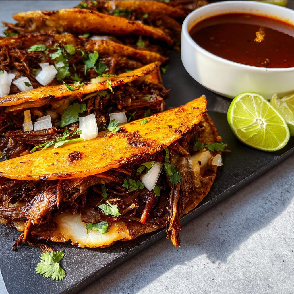 Close-up of flavorful beef birria tacos, topped with onions and cilantro, served with dipping consommé and lime wedges.