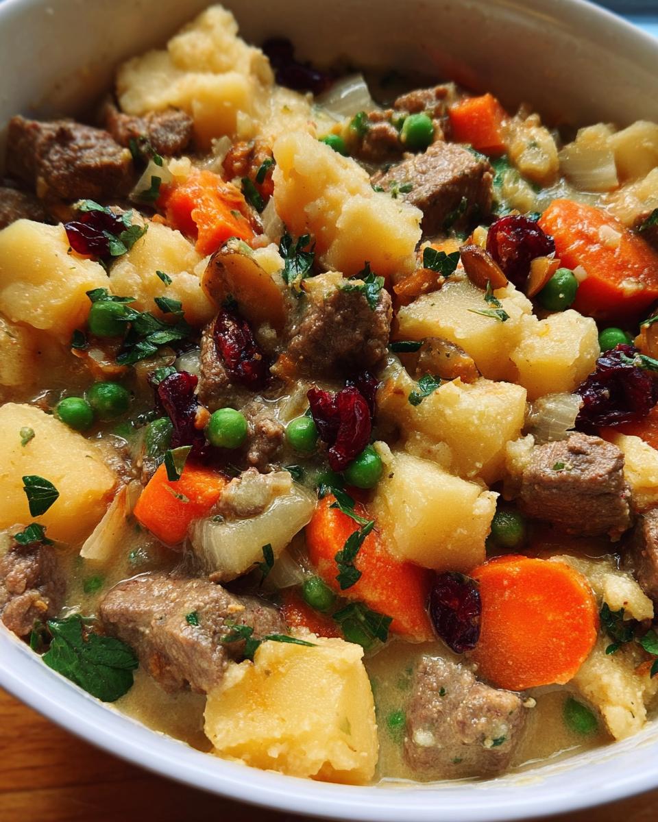 Close-up of a comforting bowl of beef stew with tender beef chunks, potatoes, carrots, peas, and cranberries.