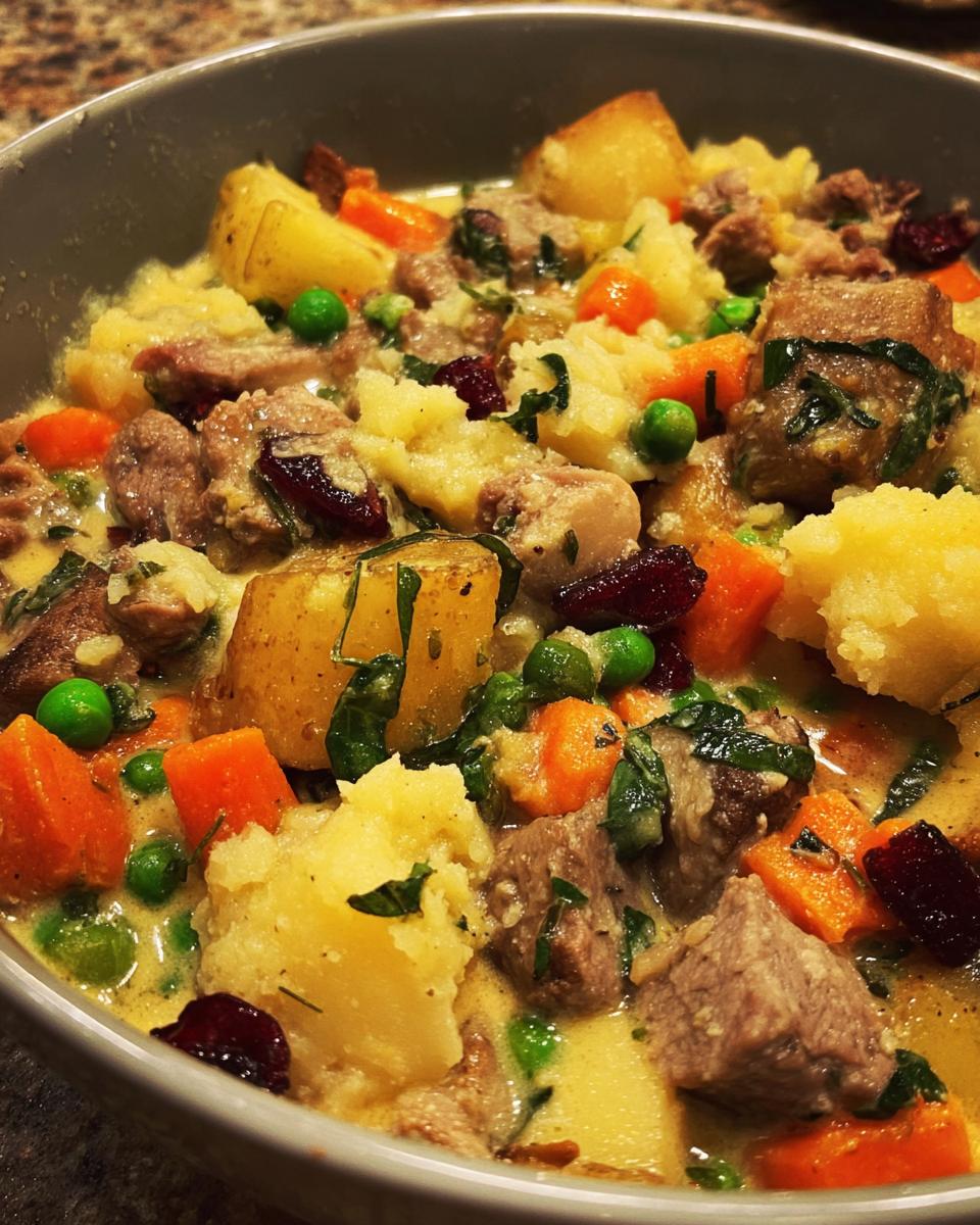 Close-up of a hearty beef stew with chunks of meat, potatoes, carrots, peas, and cranberries in a creamy sauce.
