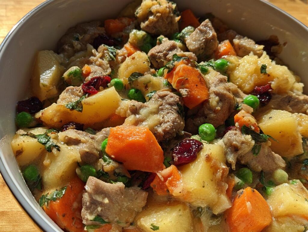 Close-up of a hearty beef stew with potatoes, carrots, peas, and cranberries, a perfect example of quick stuffing recipes.