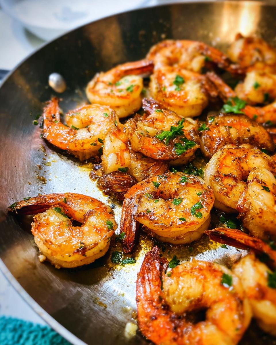 Close-up of perfectly pan-seared shrimp, seasoned and garnished with parsley, ready for a beginner's shrimp recipe.