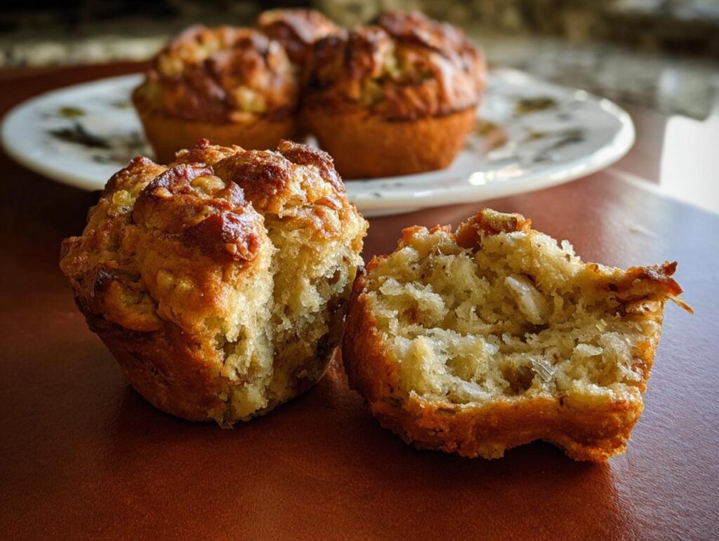 Close-up of a delicious stuffing muffin, one broken in half to show its fluffy interior, part of a batch of stuffing muffins.
