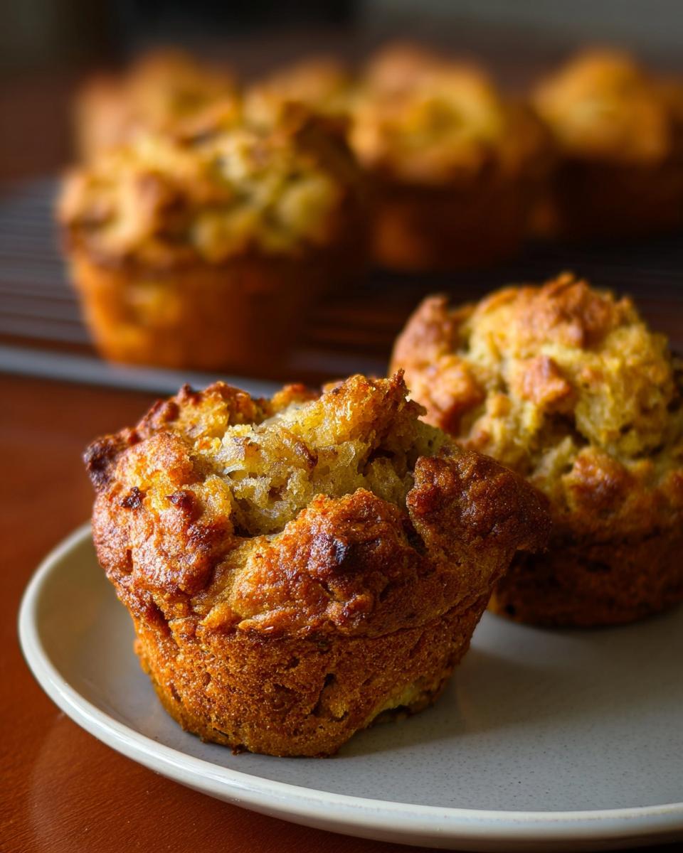 Close-up of two golden-brown stuffing muffins on a plate, part of a batch of beginner's stuffing recipes.