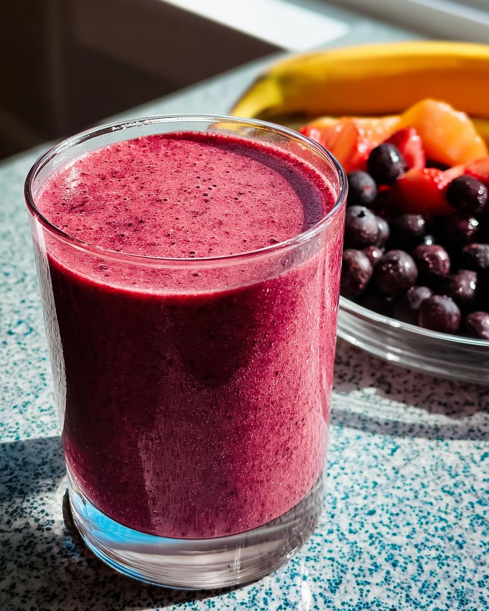 A vibrant berry smoothie in a glass, with a bowl of fresh blueberries, strawberries, and bananas in the background. Perfect for breakfast ideas.
